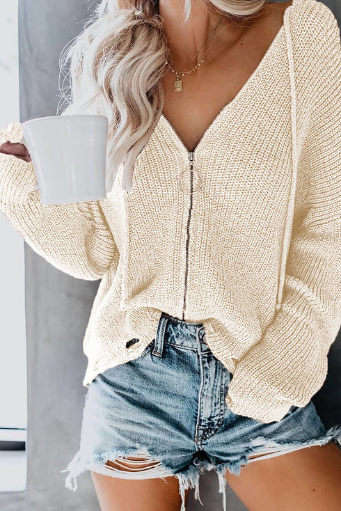 Zipper V-Neck Dropped Sleeve Hooded Solid Sweater